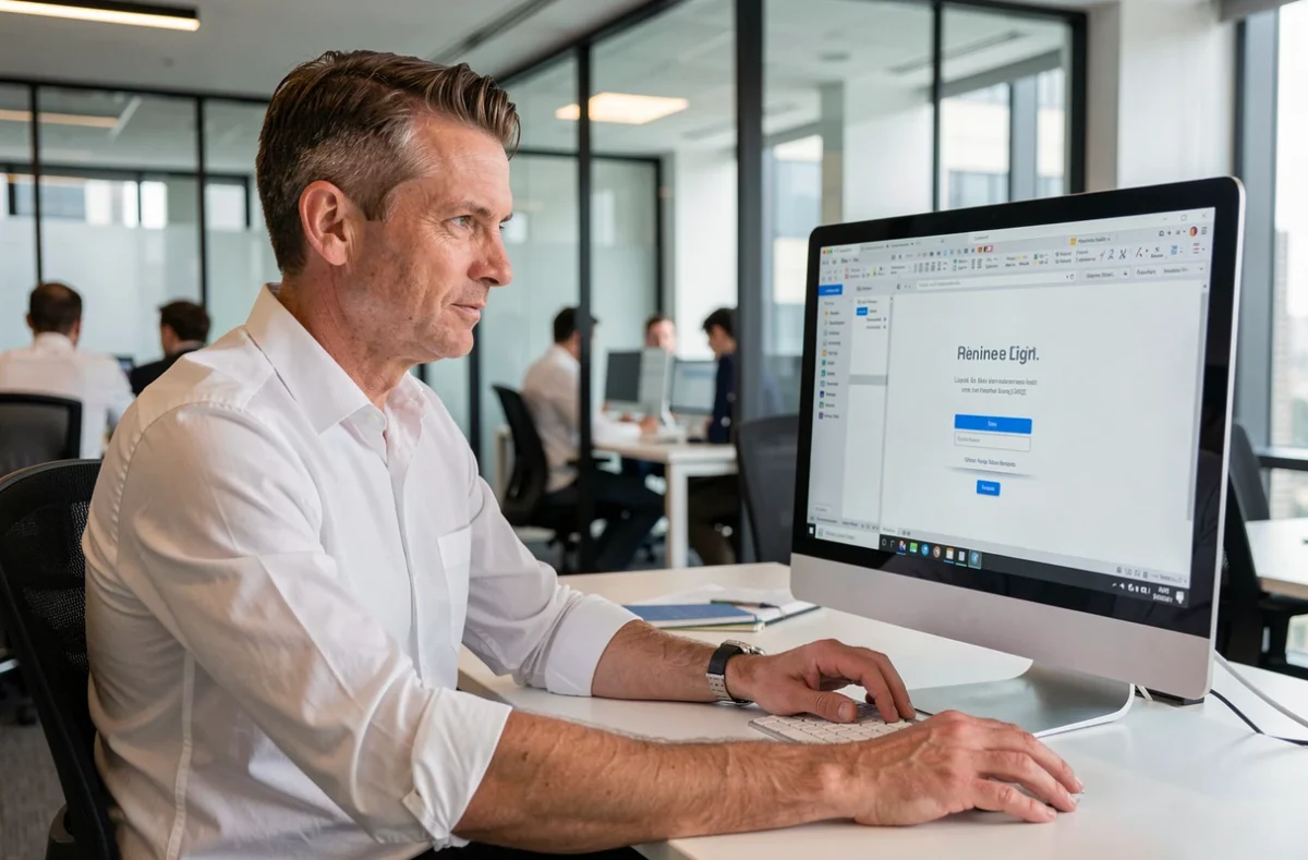 Homme accédant à sa messagerie webmail Alice Zimbra depuis un ordinateur de bureau en entreprise