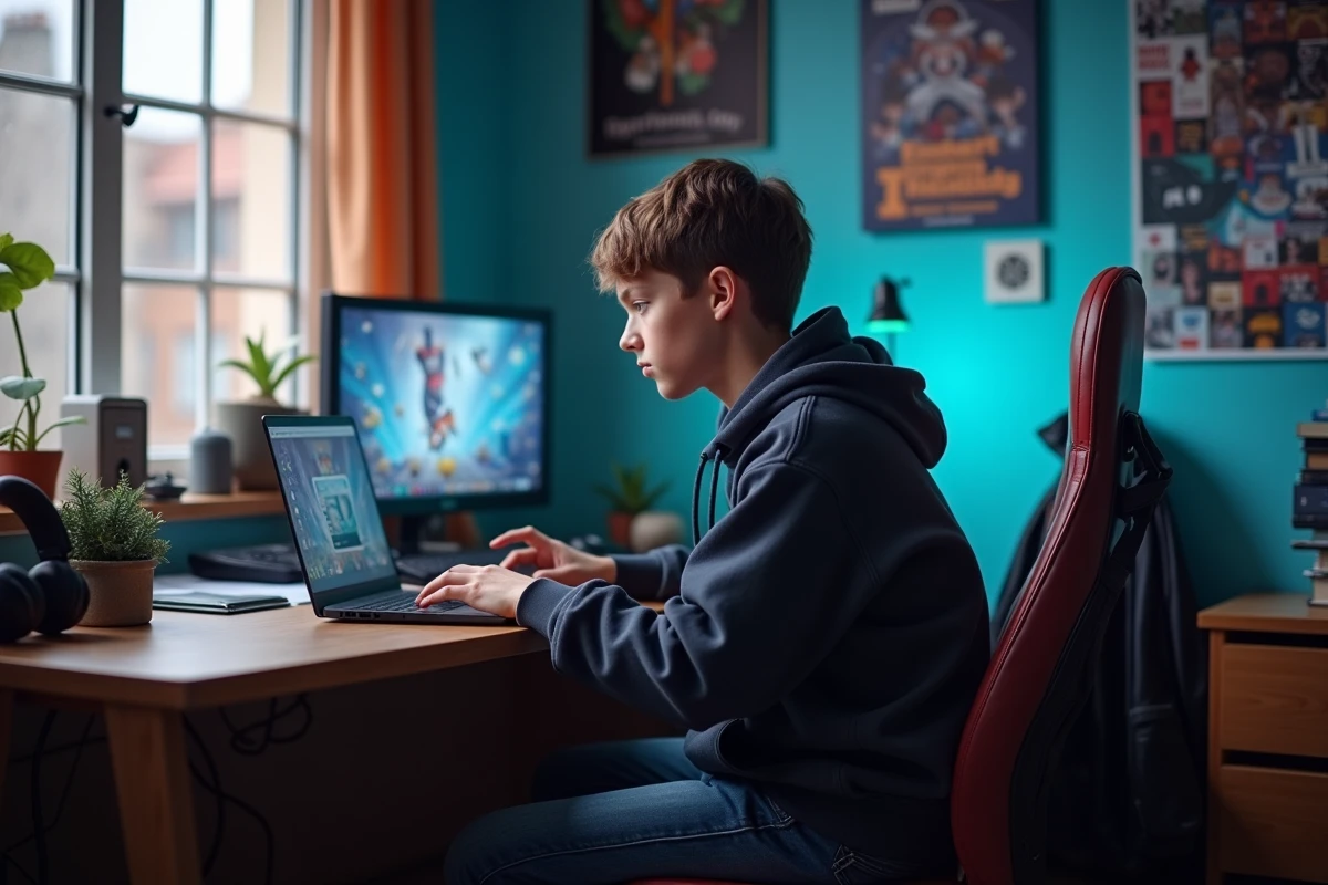 Adolescent recherchant des replays sur son ordinateur dans sa chambre