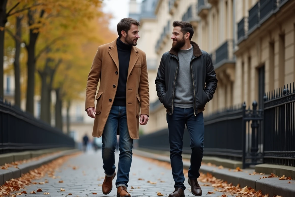 Anthony Favalli et Florian Tardif se promenant dans une rue parisienne en automne, ambiance décontractée et naturelle
