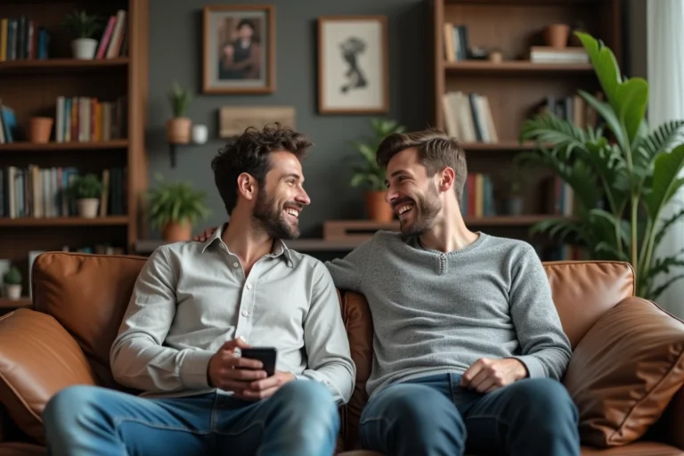 Anthony Favalli et Florian Tardif dans leur intérieur chaleureux, riant ensemble sur un canapé en cuir entouré de livres et de plantes