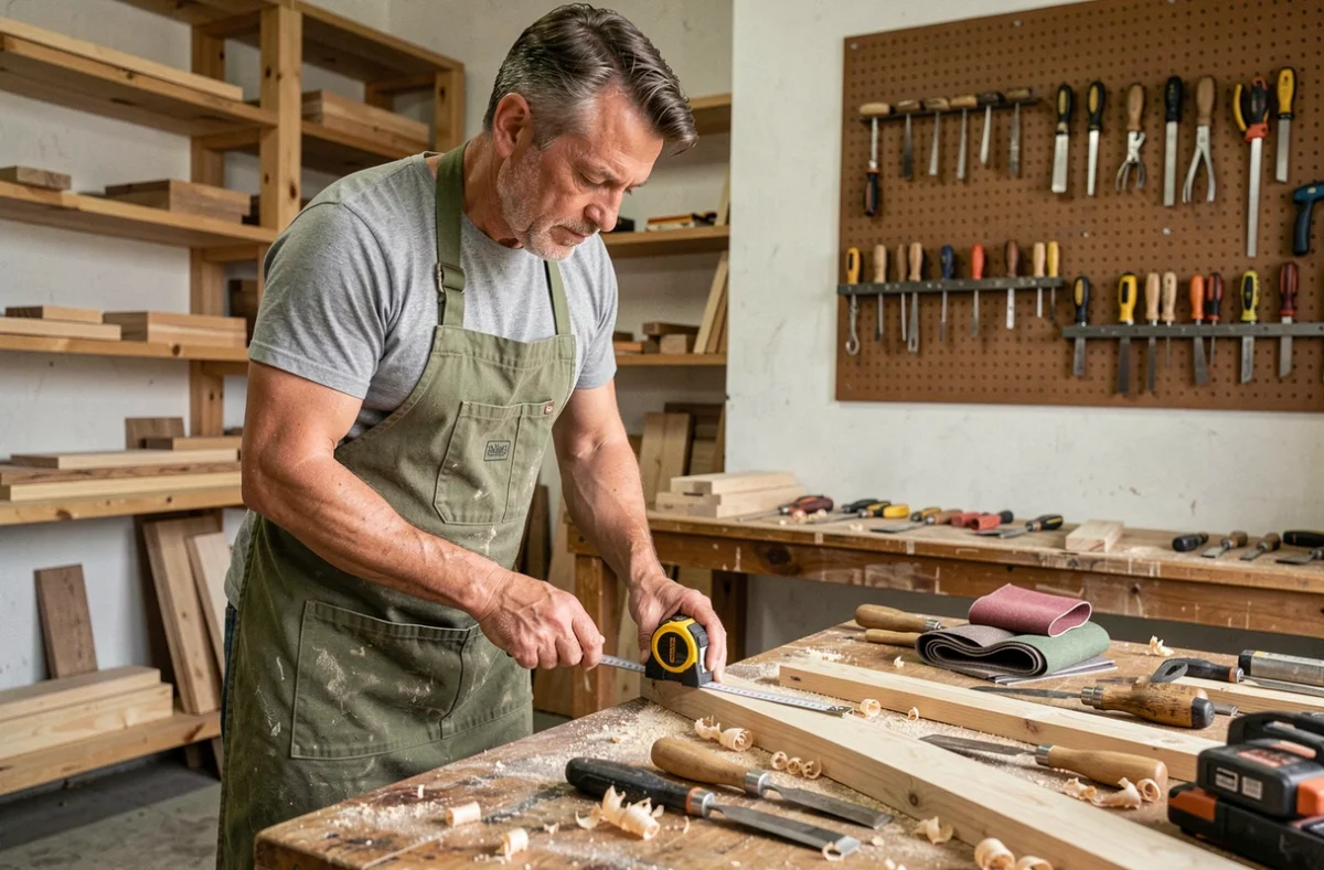 Artisan bricoleur mesurant une planche en bois dans un atelier bien équipé avec des outils rangés au mur