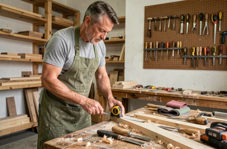 Artisan bricoleur mesurant une planche en bois dans un atelier bien équipé avec des outils rangés au mur
