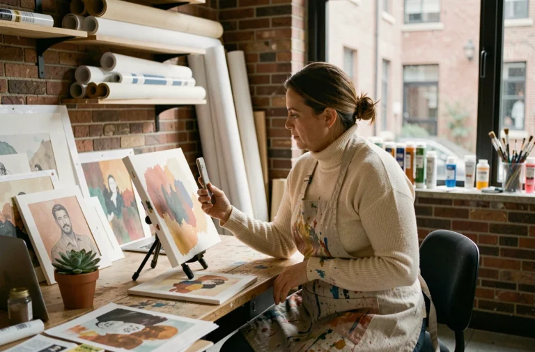 Artiste photographiant ses œuvres d'art dans son atelier pour les promouvoir en ligne sur les réseaux sociaux