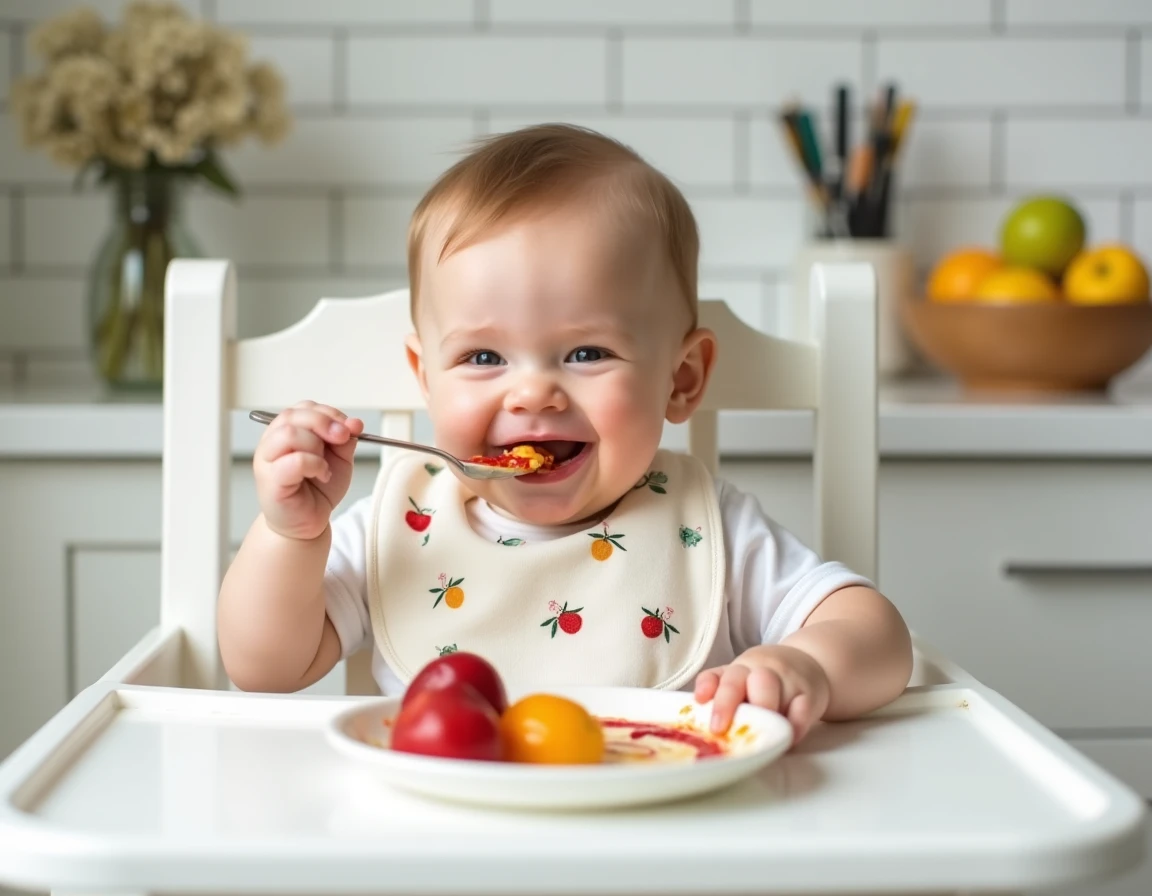 Bébé savourant une compote de fruits maison dans une chaise haute en bois dans une cuisine familiale
