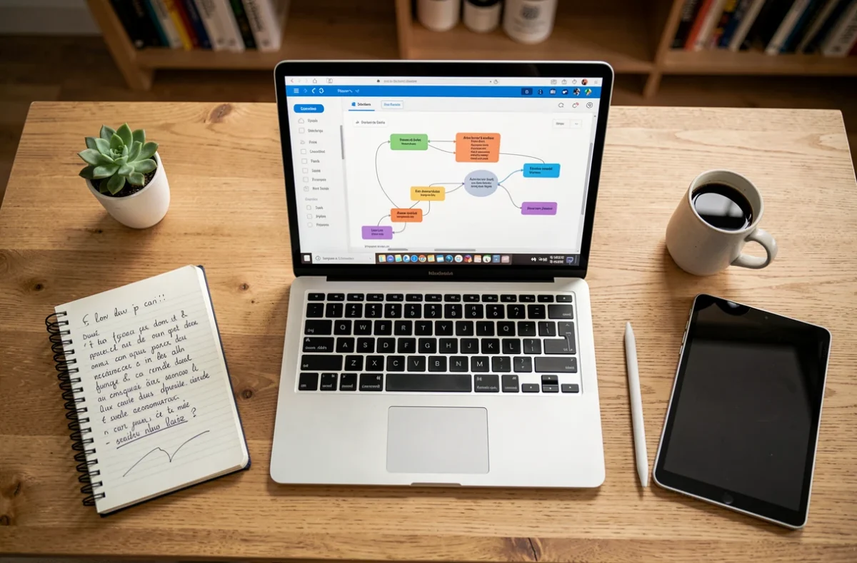 Vue de dessus d'un bureau avec un ordinateur portable affichant l'interface Flow3, un carnet de notes et des accessoires de travail