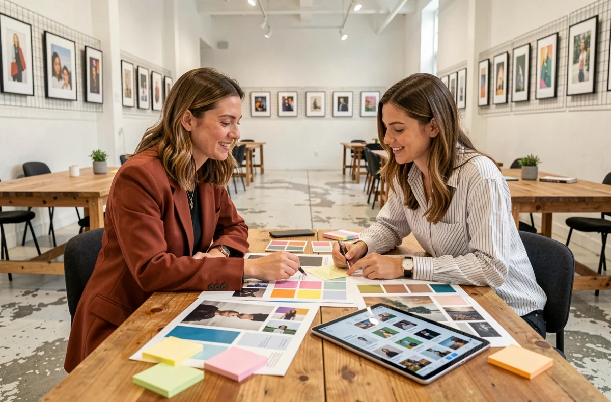 Deux artistes collaborant sur une stratégie marketing visuelle pour promouvoir leurs créations artistiques sur les plateformes numériques