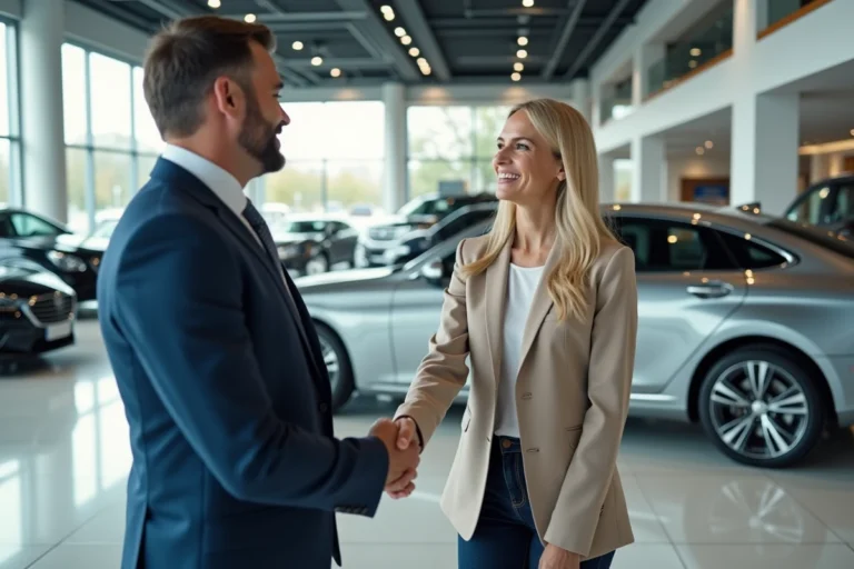 Conseiller commercial et cliente concluant un accord dans un showroom de concessionnaire automobile moderne
