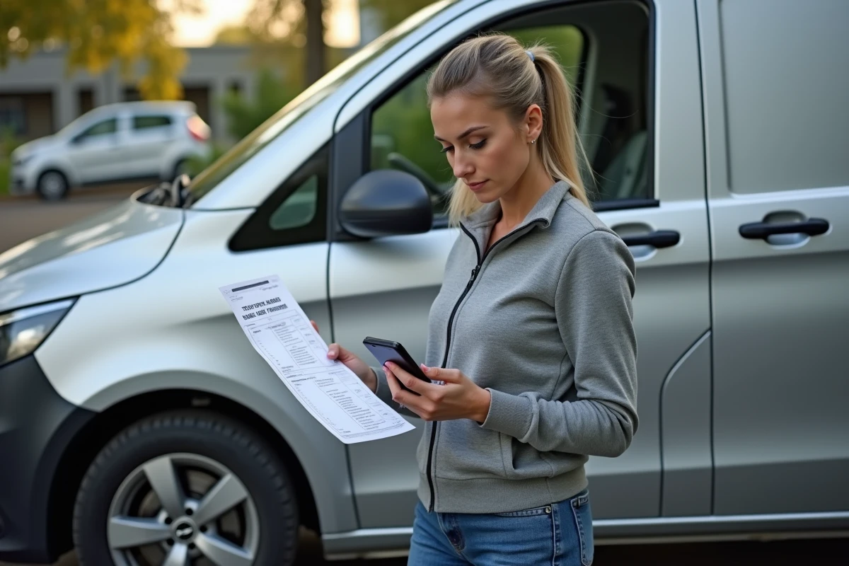 Conductrice consultant son téléphone pour diagnostiquer les voyants orange de son Mercedes Vito dans un parking