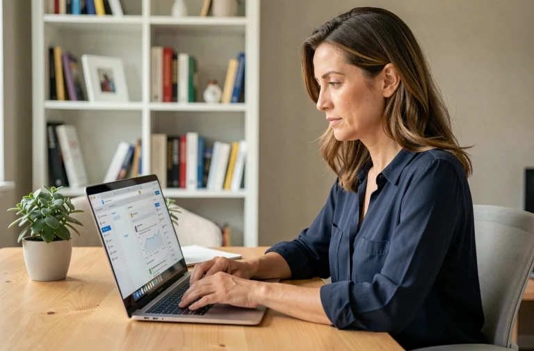 Femme connectée à sa messagerie webmail sur un ordinateur portable dans un bureau à domicile