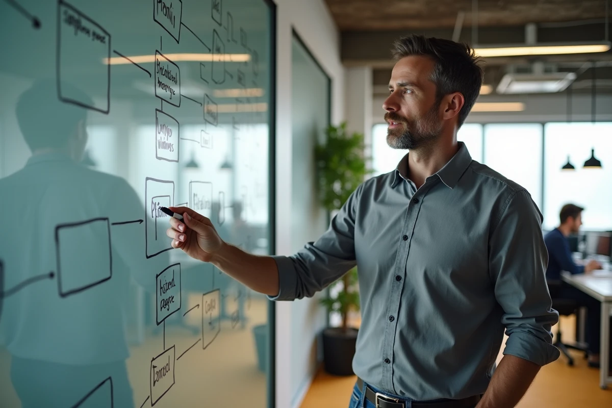 Webstrategie-Berater präsentiert die Architektur einer Sitemap für eine Finanzwebsite auf einem Whiteboard