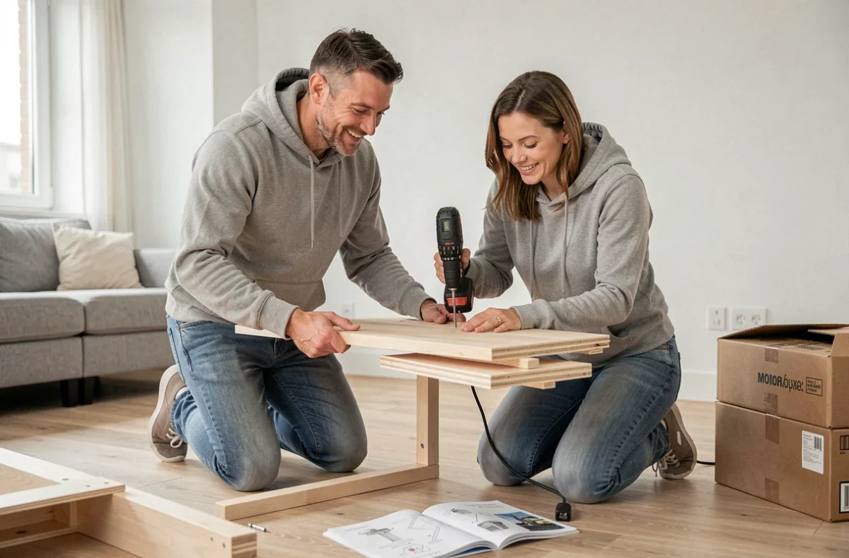 Couple assemblant un meuble en kit avec une visseuse sans fil dans un appartement moderne