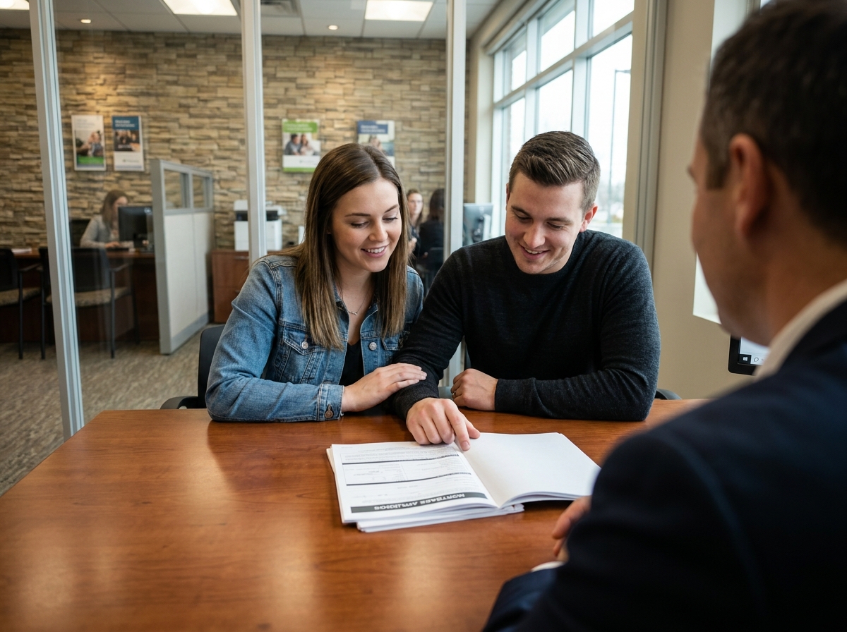 Jeune couple au bureau bancaire regardant des papiers
