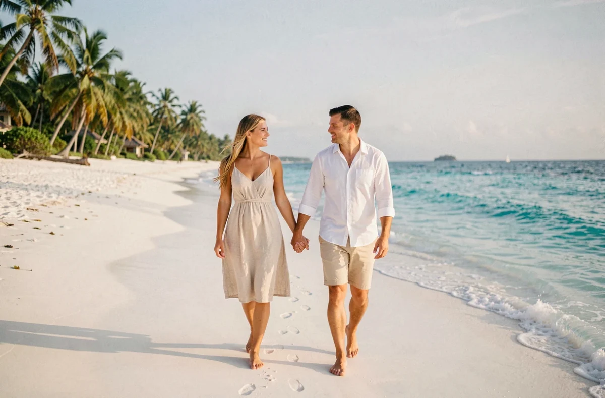 Couple de jeunes mariés marchant pieds nus sur une plage tropicale lors de leur voyage de noces