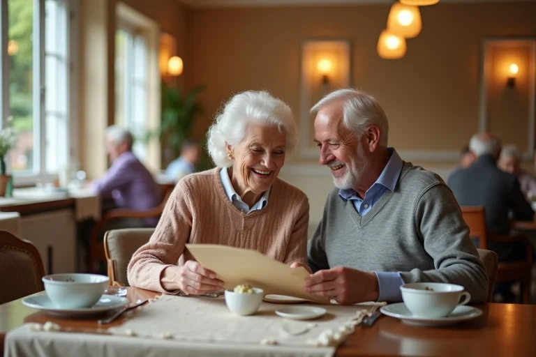 Couple senior souriant regardant un menu dans un restaurant