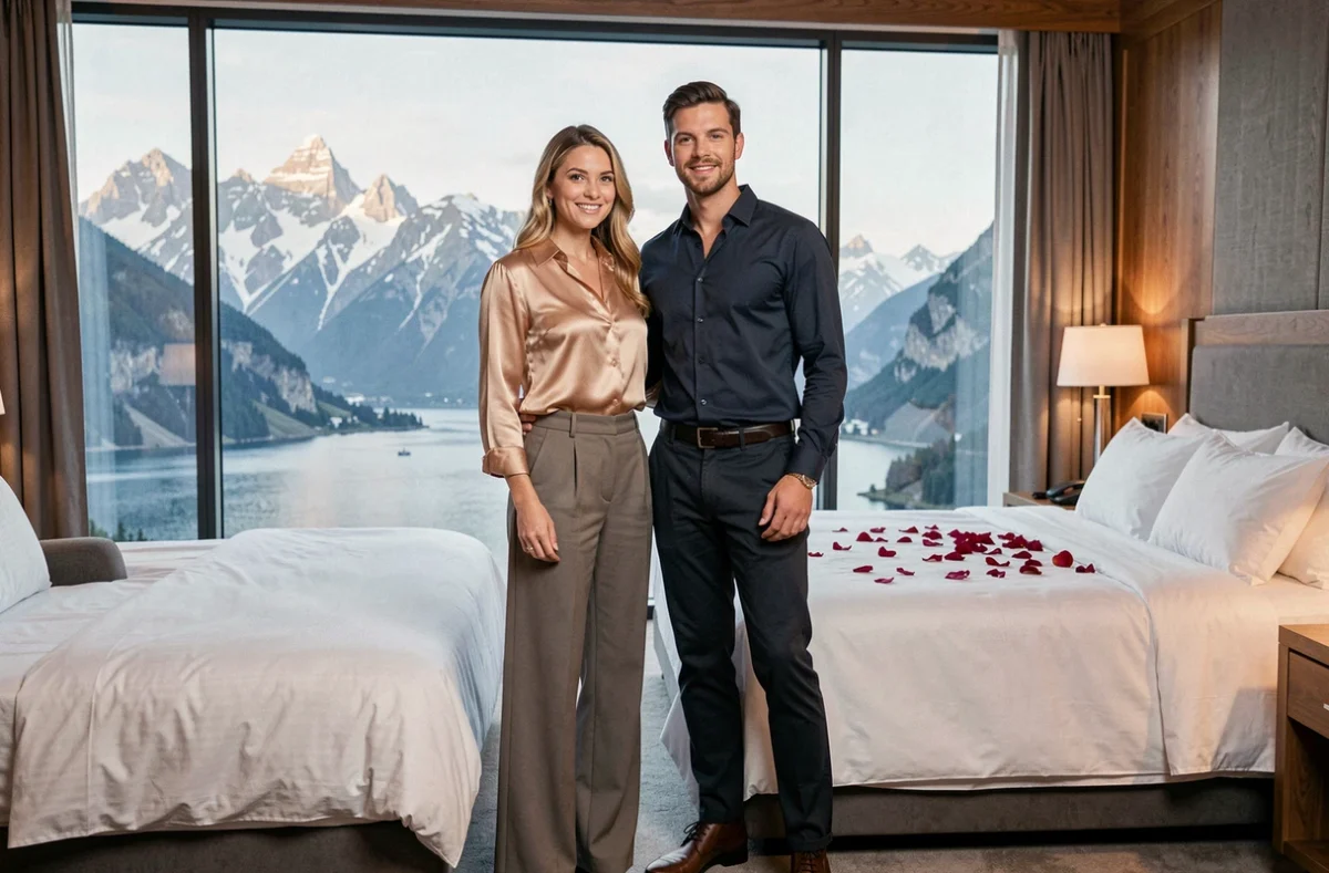 Couple de mariés dans une suite d'hôtel luxueuse avec vue panoramique sur les montagnes pour leur voyage de noces