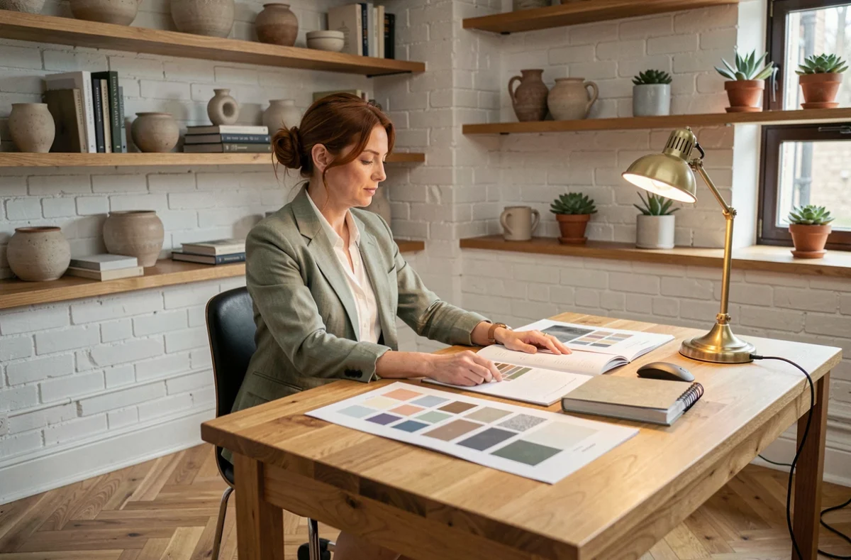 Décoratrice d'intérieur travaillant sur des planches tendance dans un bureau design en chêne avec étagères et parquet en point de Hongrie