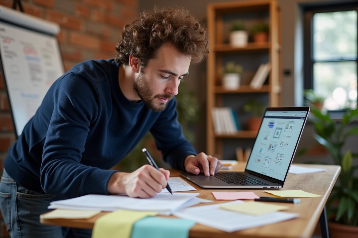 Un designer UX travaillant sur des wireframes de site web avec des notes et esquisses dans un studio créatif