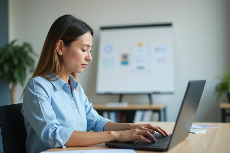 Enseignante connectée à un portail académique sur son ordinateur portable dans un bureau organisé