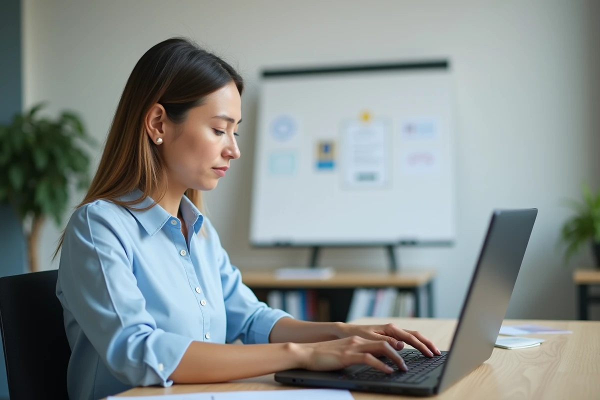 Enseignante connectée à un portail académique sur son ordinateur portable dans un bureau organisé