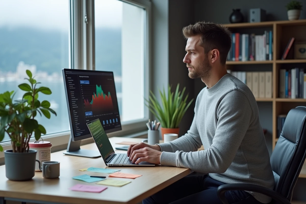 Entrepreneur suisse travaillant sur sa startup depuis un bureau à domicile à Genève avec vue sur le lac