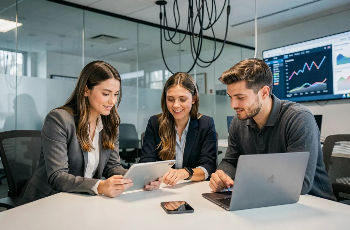 Équipe de jeunes professionnels utilisant des appareils connectés en salle de réunion, tendances high-tech 2024