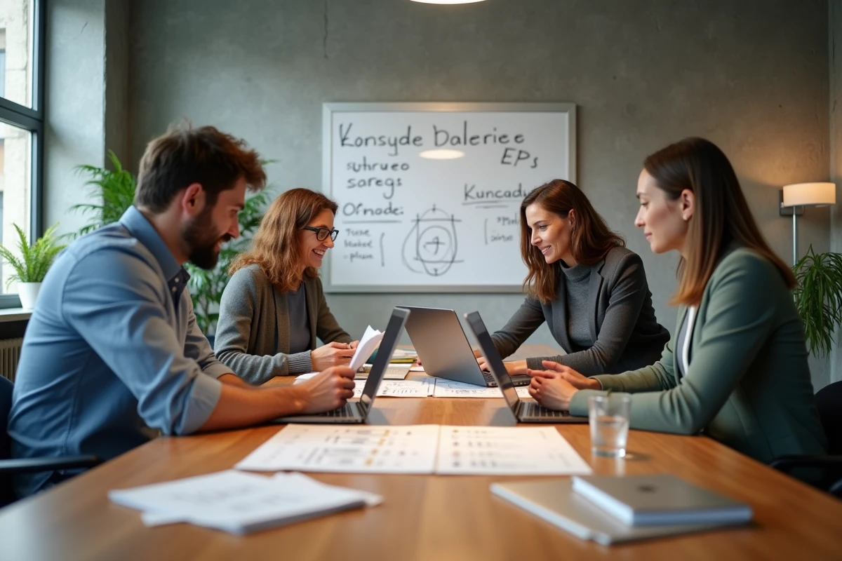 Équipe multiculturelle de startuppeurs suisses collaborant autour d'un plan d'affaires dans un espace de coworking à Zurich
