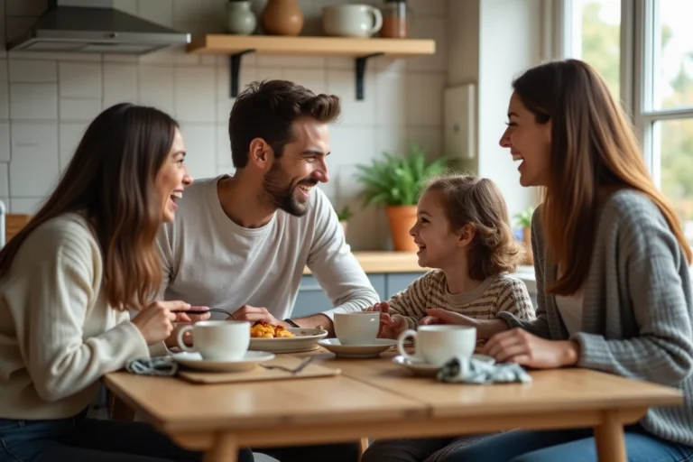 Famille souriante partageant le petit déjeuner dans une cuisine chaleureuse