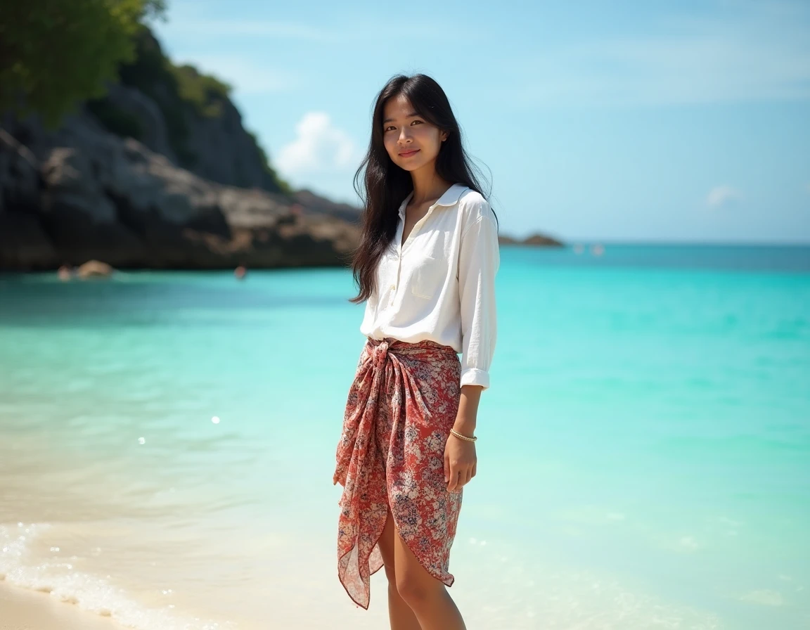 Jeune femme indonésienne en sarong batik au bord de l'eau turquoise d'une baie de Kuta Lombok