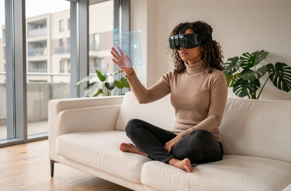 Femme portant un casque de réalité augmentée dans un salon moderne, nouvelles tendances technologiques