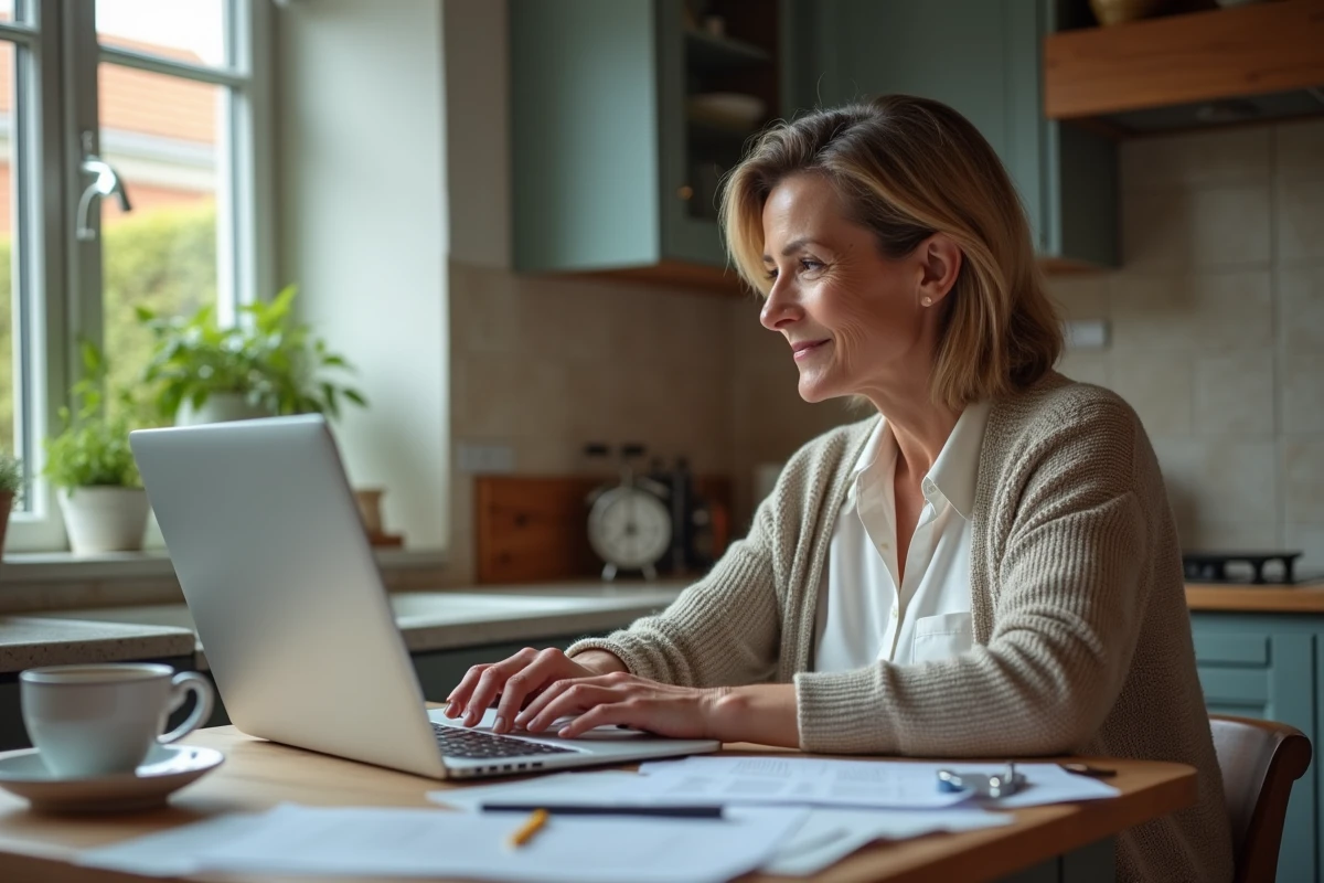 Femme cherchant à ouvrir un fichier crdownload dans la cuisine