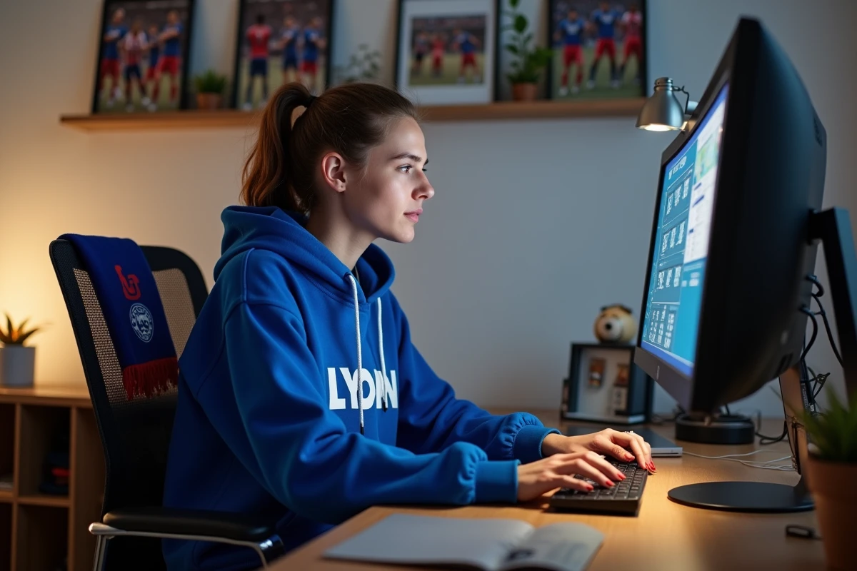 Jeune femme lyonnaise à la maison avec maillot et ordinateur