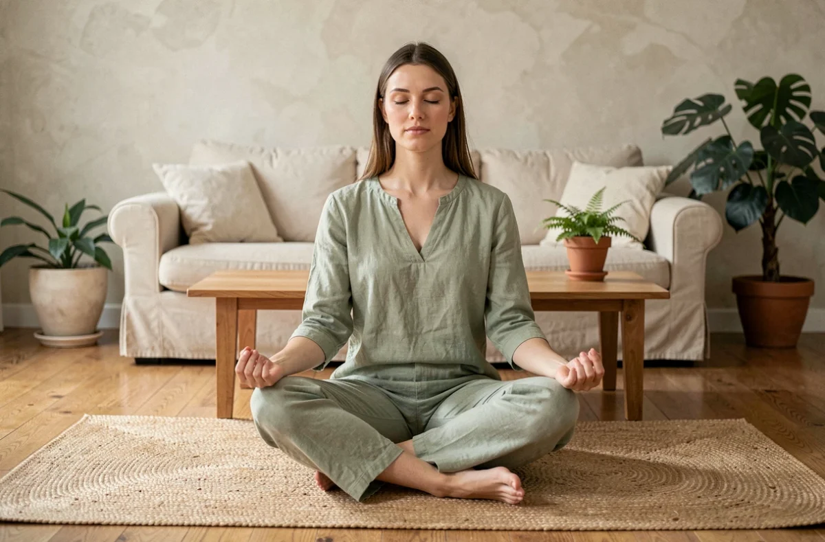 Jeune femme méditant en position assise sur un tapis de yoga dans un salon minimaliste pour réduire le stress et cultiver le bien-être mental