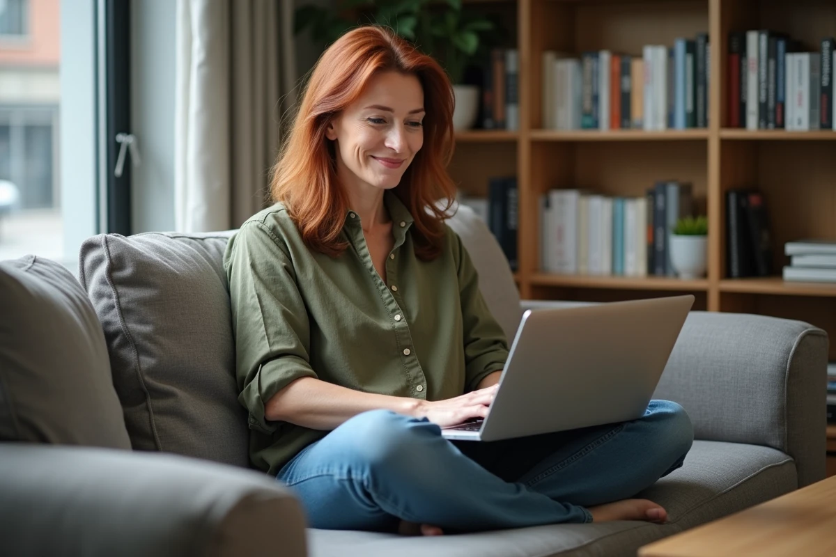 Une femme naviguant sur un site web ergonomique depuis son bureau à domicile, illustrant une expérience utilisateur fluide et agréable