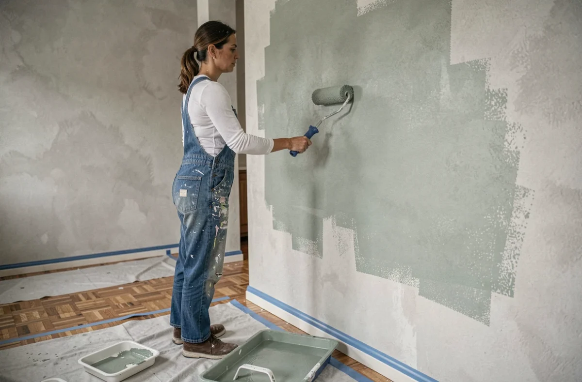 Femme rénovant un mur intérieur avec un rouleau à peinture dans une pièce en cours de bricolage
