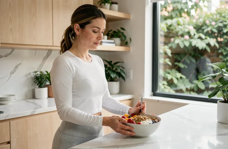 Femme préparant un bol de petit-déjeuner sain dans une cuisine moderne lumineuse pour adopter une alimentation équilibrée au quotidien
