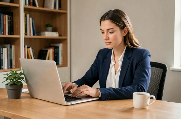 Femme professionnelle cherchant un emploi en ligne depuis son bureau à domicile