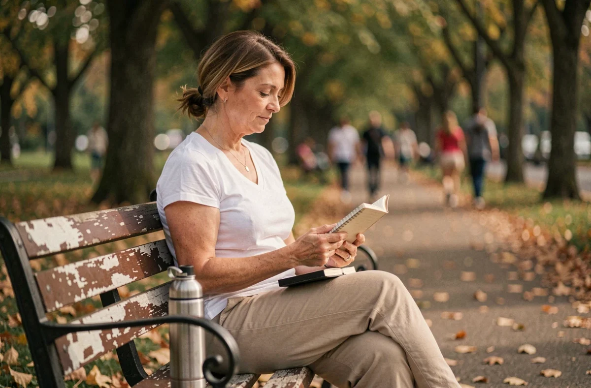 Femme se relaxant sur un banc de parc en lisant un carnet, symbolisant la gestion du stress et le bien-être mental au quotidien