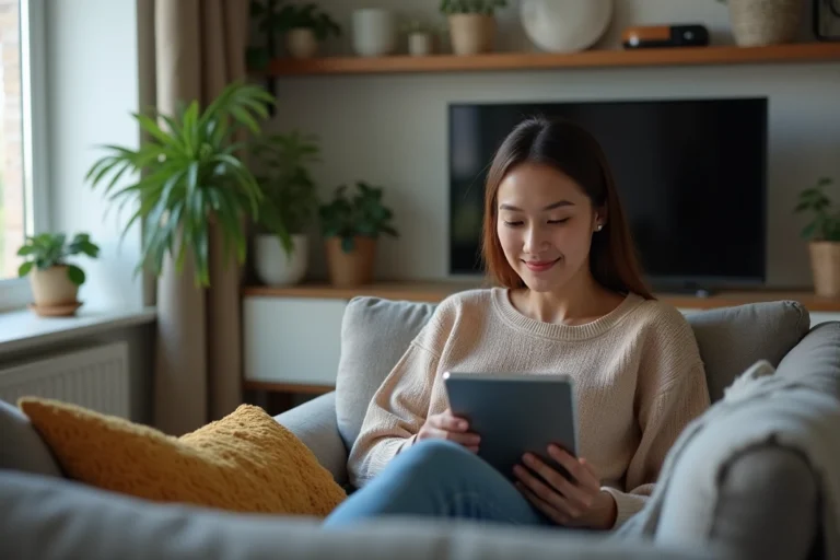 Femme détendue regardant une tablette dans un salon moderne