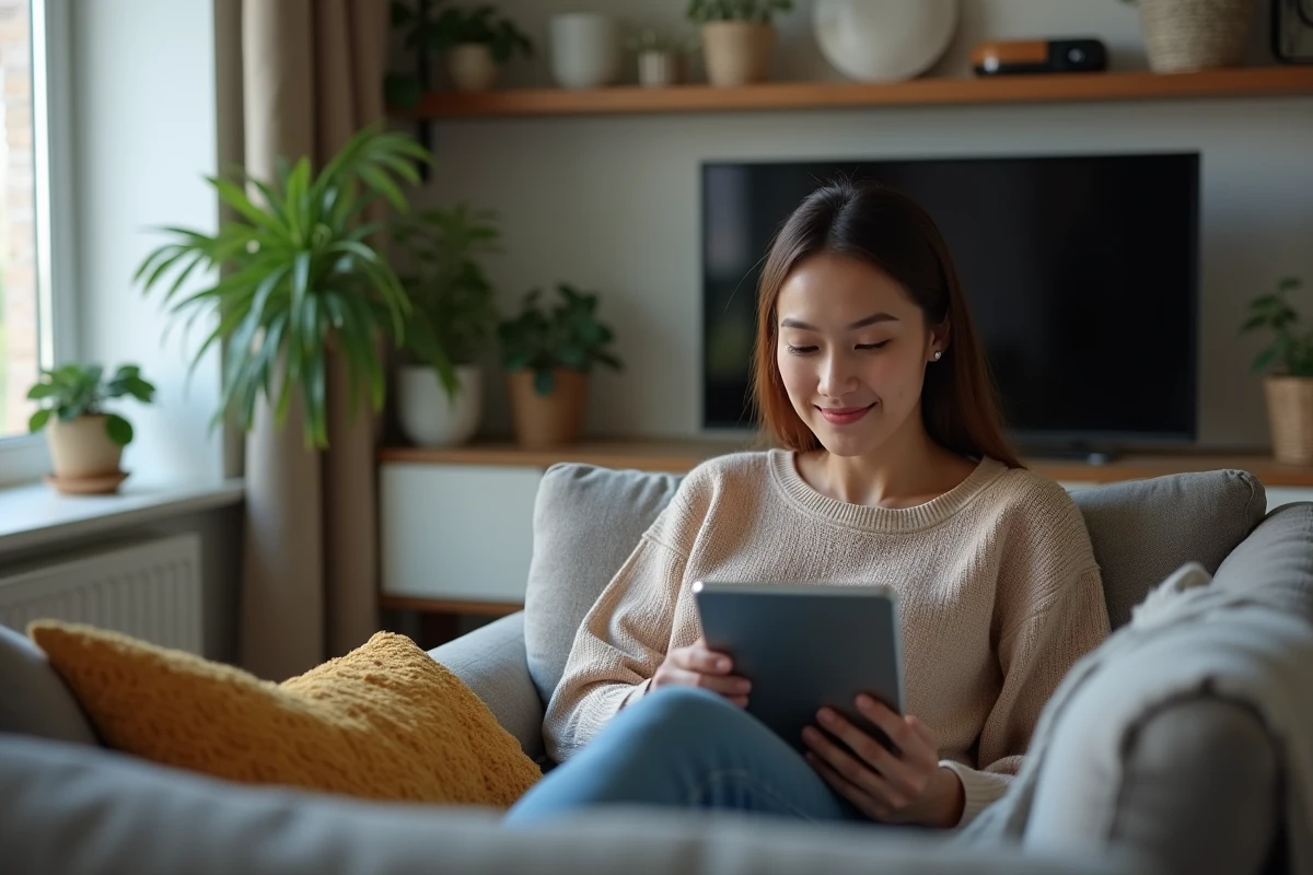 Femme détendue regardant une tablette dans un salon moderne