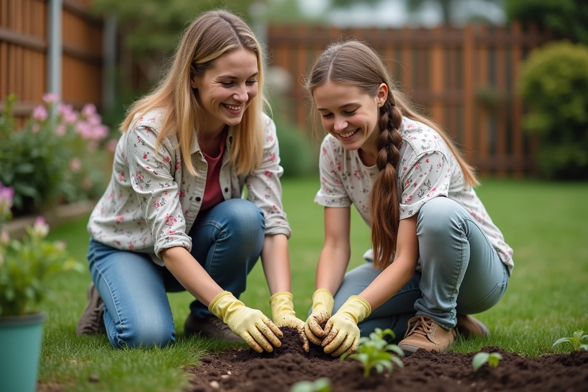 Mère et fille jardinant ensemble dans le jardin ensoleille