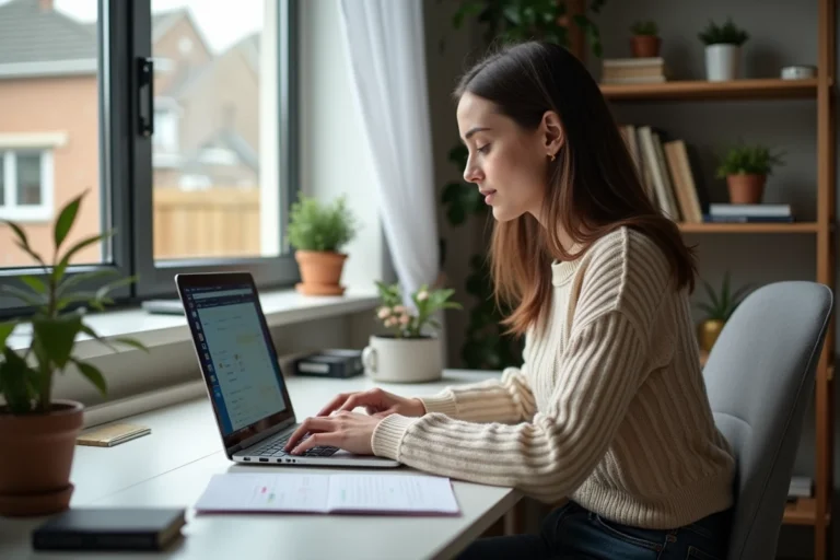 Jeune femme utilisant son ordinateur pour attacher un fichier Pronote