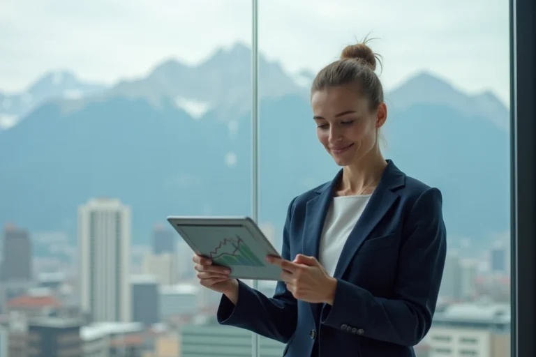 Fondatrice de startup suisse en blazer marine tenant une tablette avec graphique de croissance devant une vue panoramique sur les Alpes