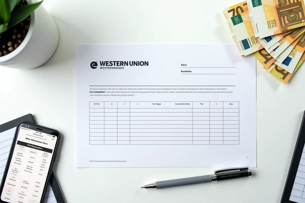Vue aérienne d'un formulaire Western Union, des billets en euros et un tableau des frais de transfert sur un bureau