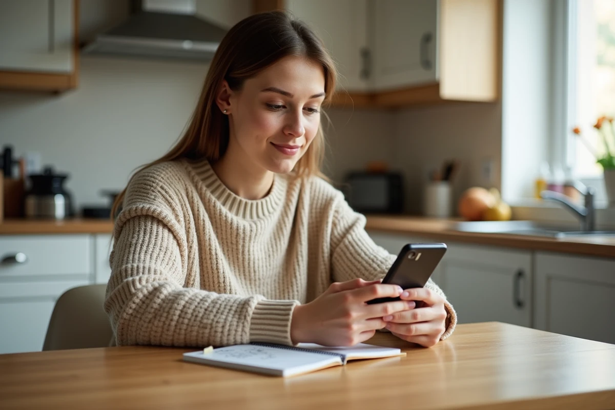 Jeune femme consultant les frais de transfert Western Union sur application mobile avec calculs sur un carnet