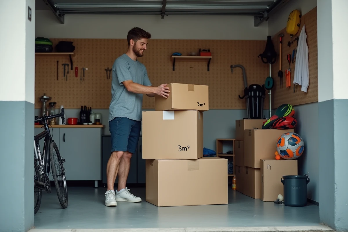 Jeune homme rangeant équipement sportif dans un garage propre