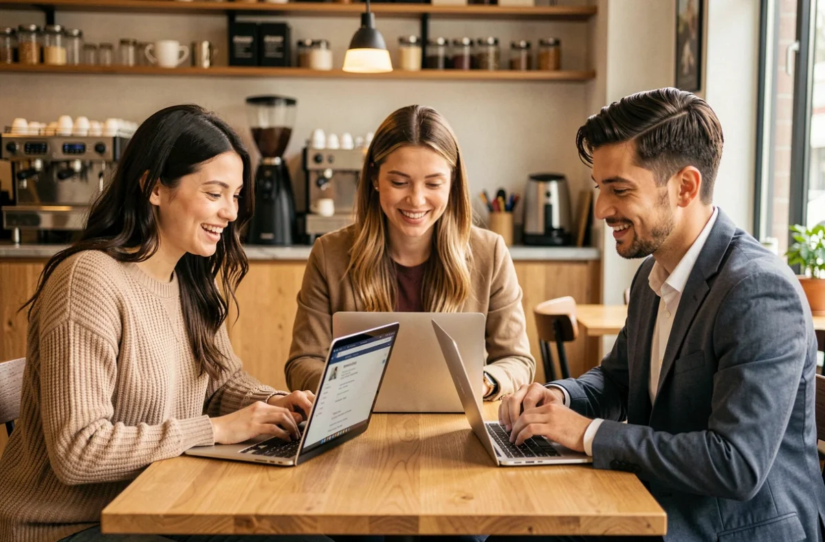 Groupe de jeunes professionnels explorant des offres d'emploi en ligne ensemble dans un café moderne