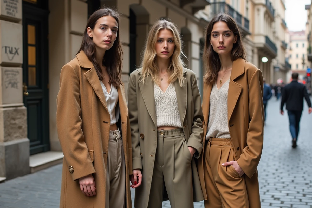 Groupe de trois personnes en tenues gender fluid et streetwear neutre dans une rue pavée avec décor urbain authentique