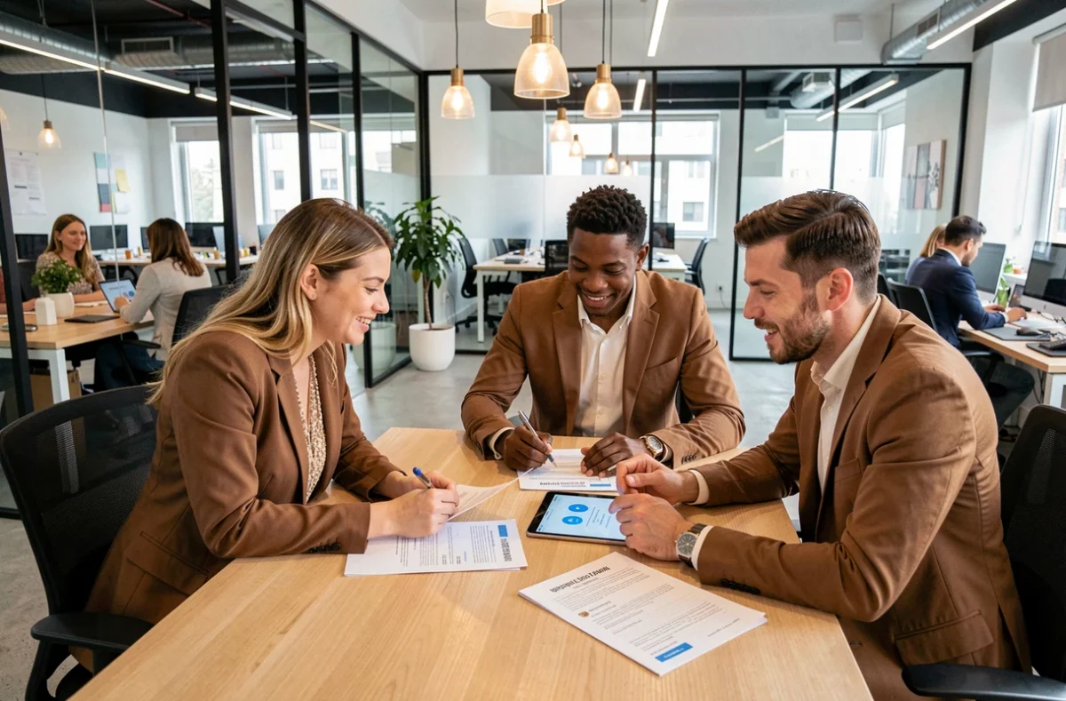 Groupe de professionnels collaborant sur une stratégie de recherche d'emploi en ligne