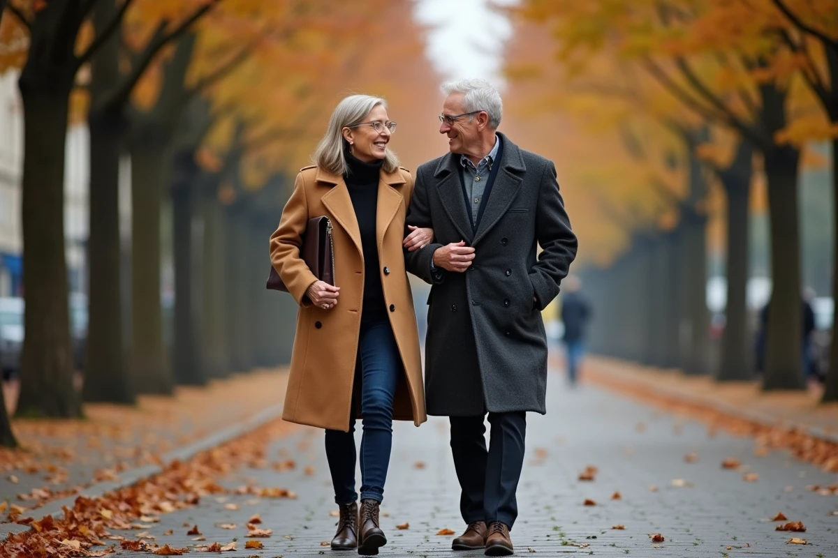 Couple élégant se promenant sur une avenue parisienne en automne, évoquant la vie privée de Guillaume Faury et son épouse
