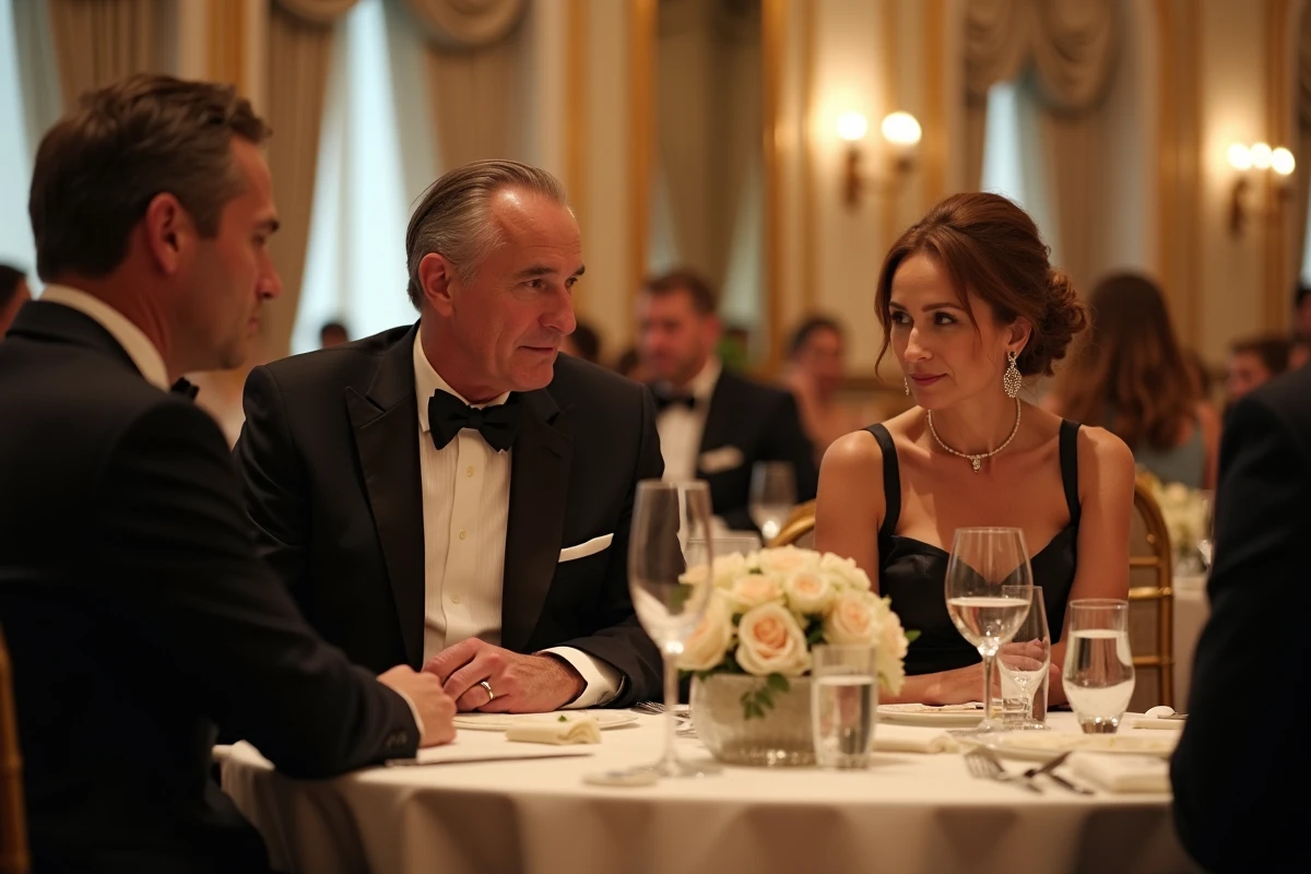 Couple distingué lors d'une soirée de gala dans un palace parisien, illustrant la vie mondaine de Guillaume Faury et son épouse